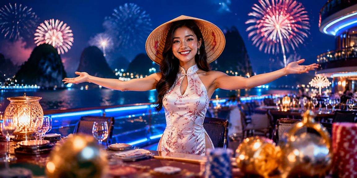 Cảnh Vịnh Hạ Long với người đặt cược trực tuyến đội nón lá truyền thống